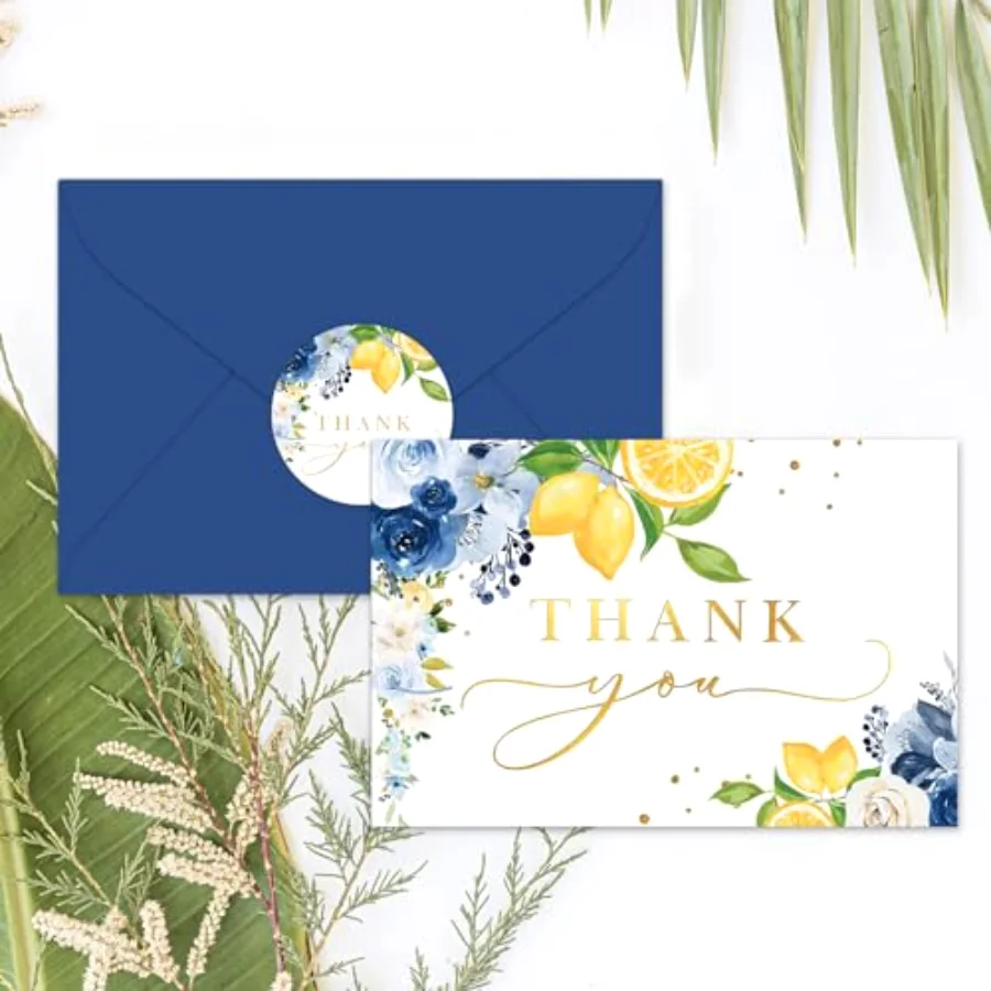 Blue Lemon Floral Thank You Cards Bulk Watercolor Flower Mediterranean, view 4