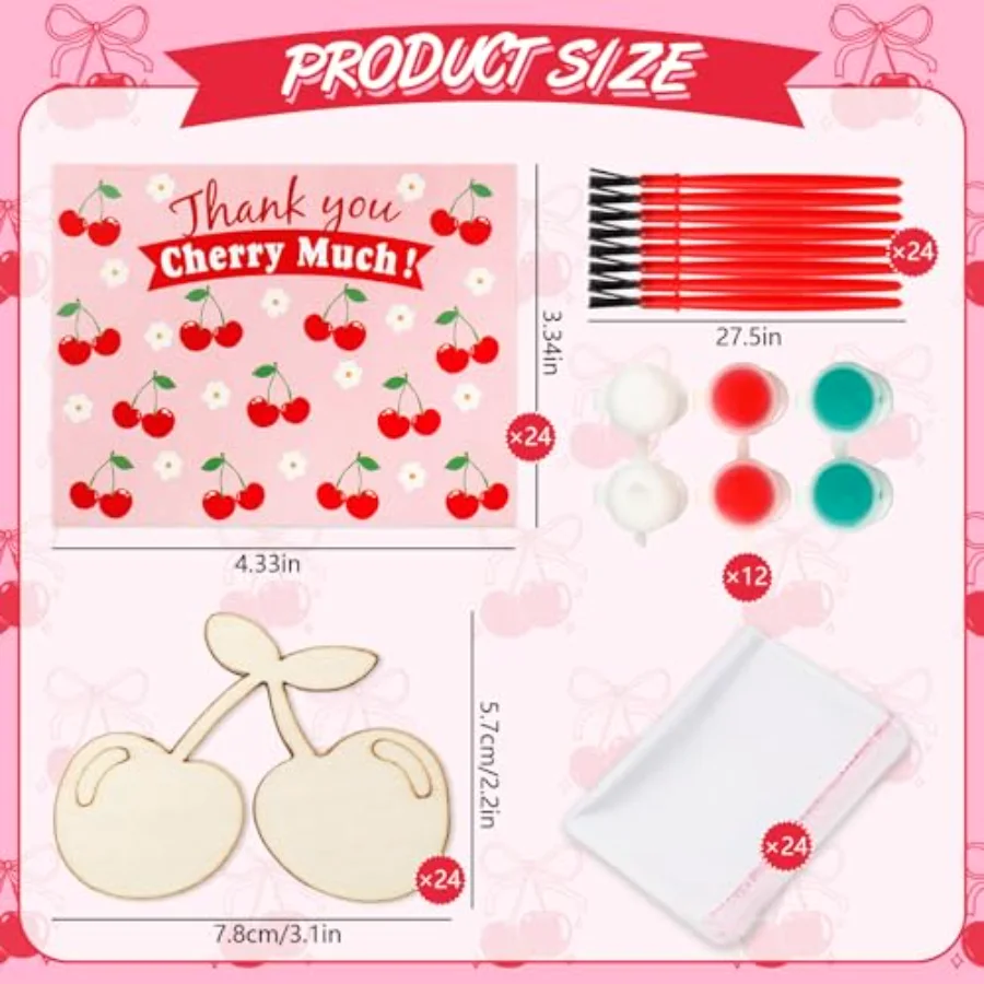 24 Sets Cherry Party Favors Cards with Wood Painting Crafts Bulk Blank, view 2