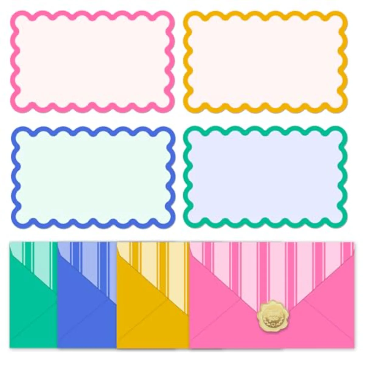 60Pcs Flat Blank Note with Envelopes 4 Neon Color Scalloped Stationery
