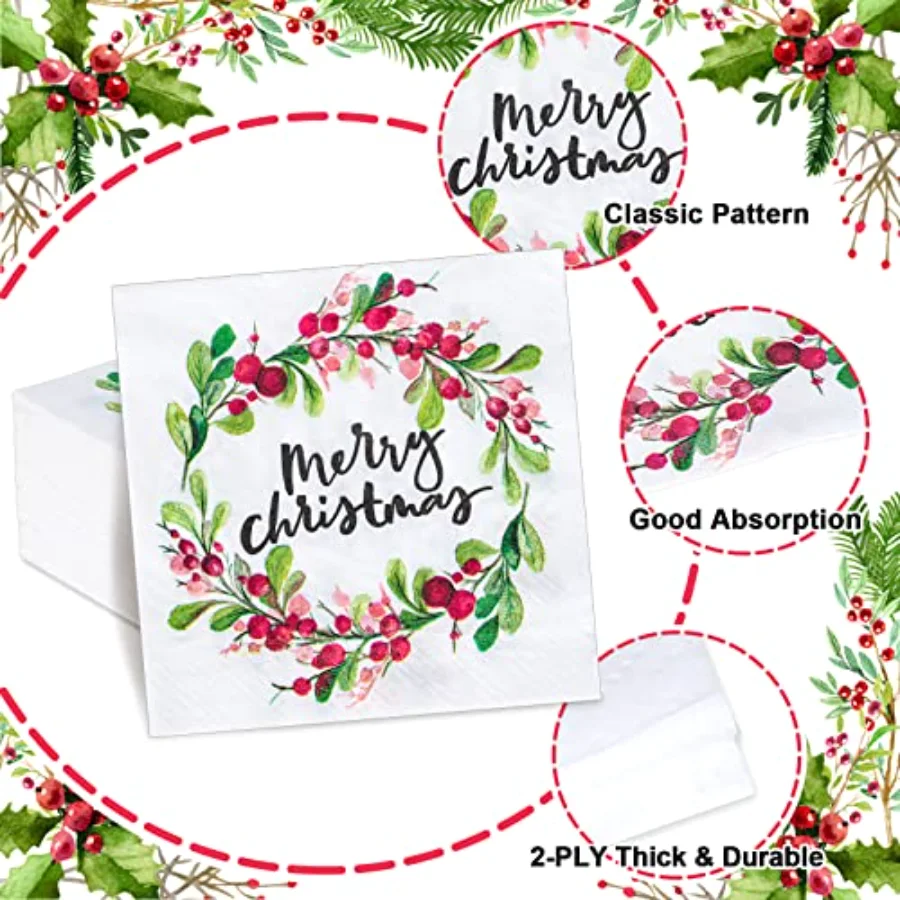 100 Pack Merry Christmas Paper Napkins Watercolor Style Wreath Pattern, view 3