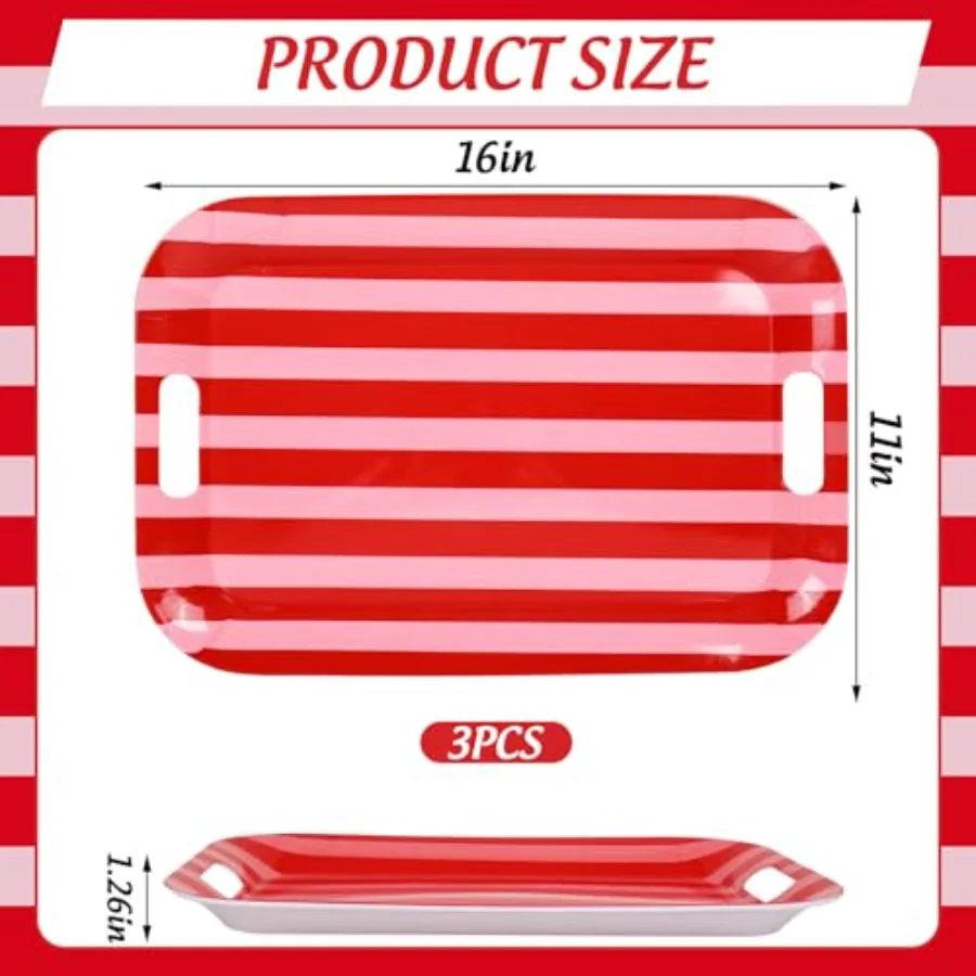 3 Pcs Stripe Serving Trays Melamine Platter Red Pink Serving Dishes for, view 2
