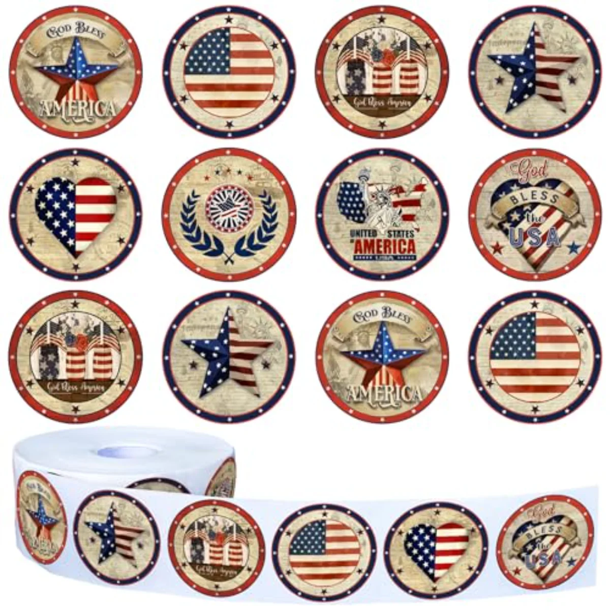 1000Pcs Patriotic Stickers 4th of July Retro Round Decal Sticker American