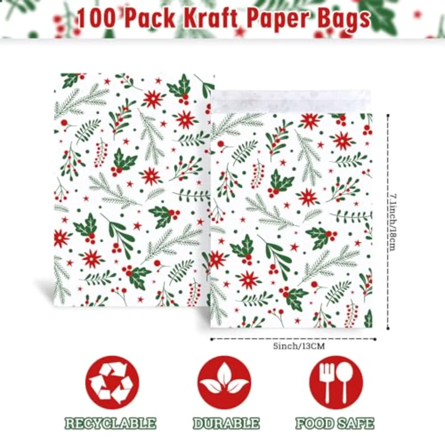 100Pcs Christmas Treat Bags Self-Adhesive Xmas Botanical Print Goodie, view 2
