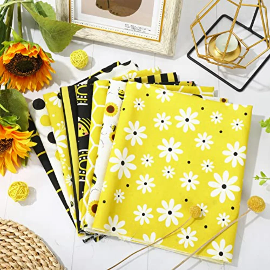 8Pcs Summer Cotton Fabric Bundles 18 x 22 Inch Bee Daisy Boho Fat Quarters, view 4
