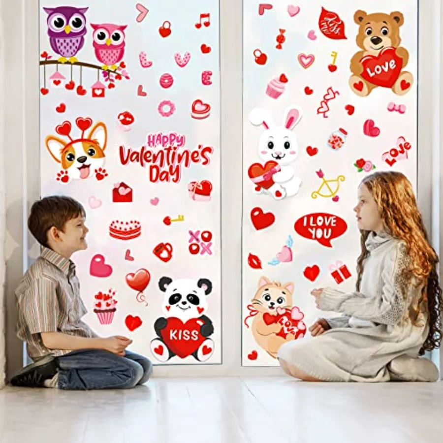 9 Sheet Valentine's Day Window Clings - Lovely Animals Decals, view 2