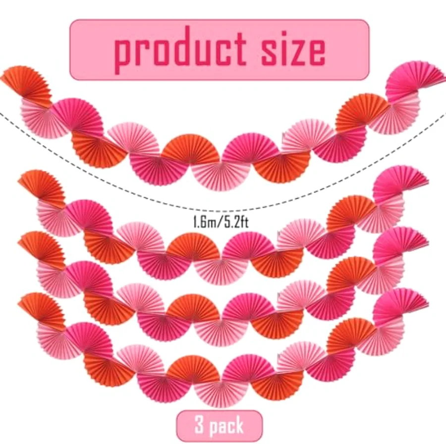 3 Pack Paper Fans Garland 15.7 Ft Rose Red Pink Orange Hanging 3D Ornament, view 2