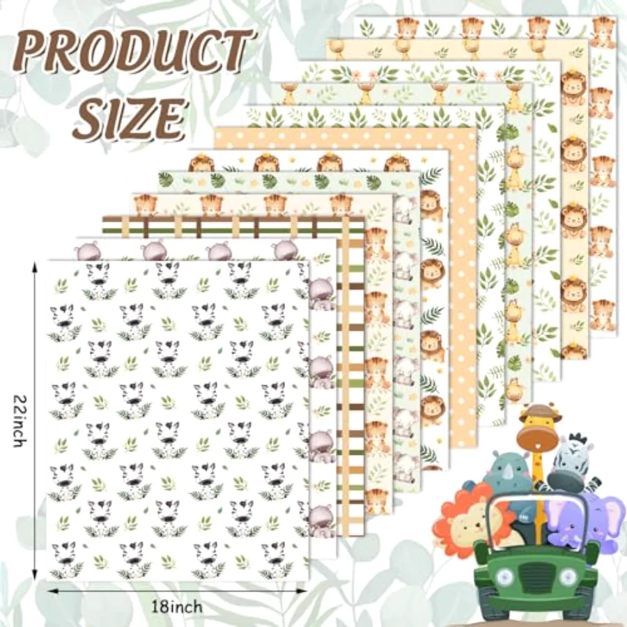 12Pcs Safari Cotton Fabric Bundles Watercolor Safari Animals Printed Fat, view 2