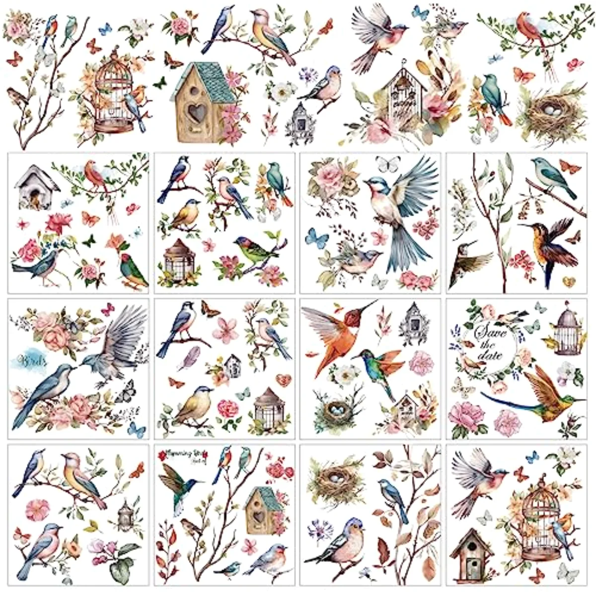 12 Sheets Birds Flowers Rub on Transfers for Crafts and Furniture Classic
