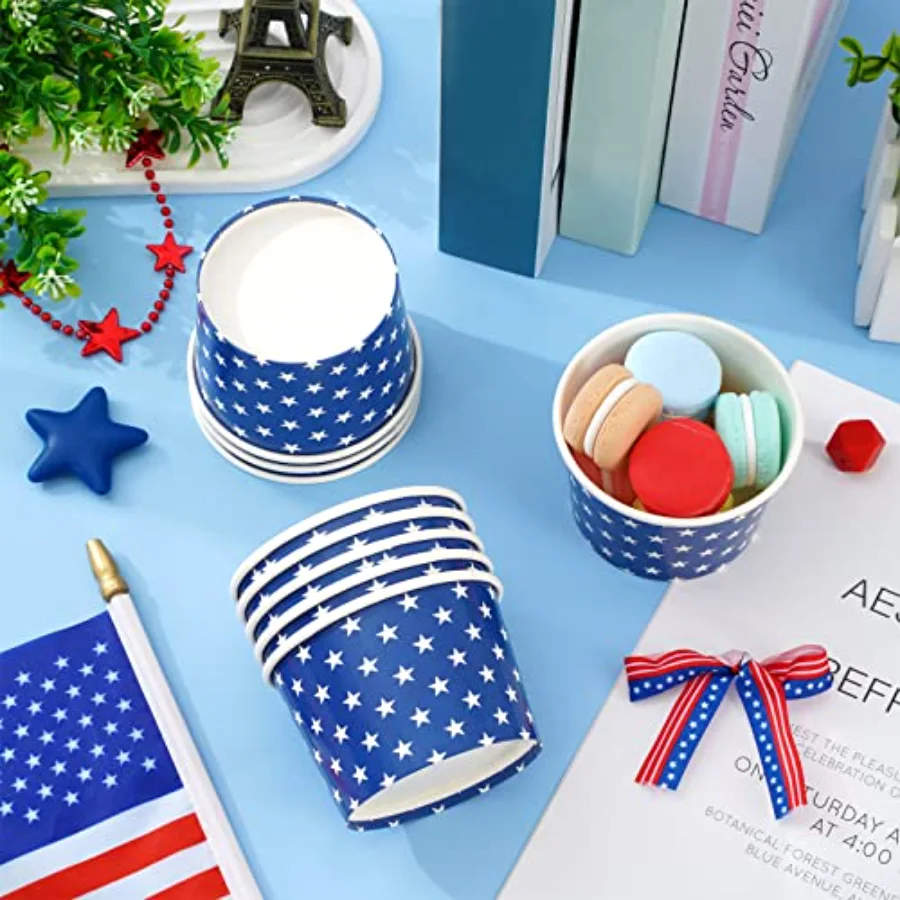 50Pcs Patriotic Treat Snack Cups 6.5 Oz Blue Star Disposable Paper Bowls, view 4