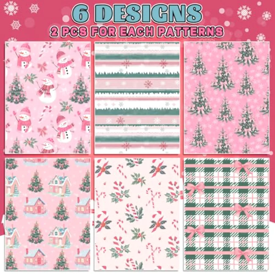 12 Sheets Christmas Tree Wrapping Paper - Not Roll - Pink Snowman Bow Xmas, view 3