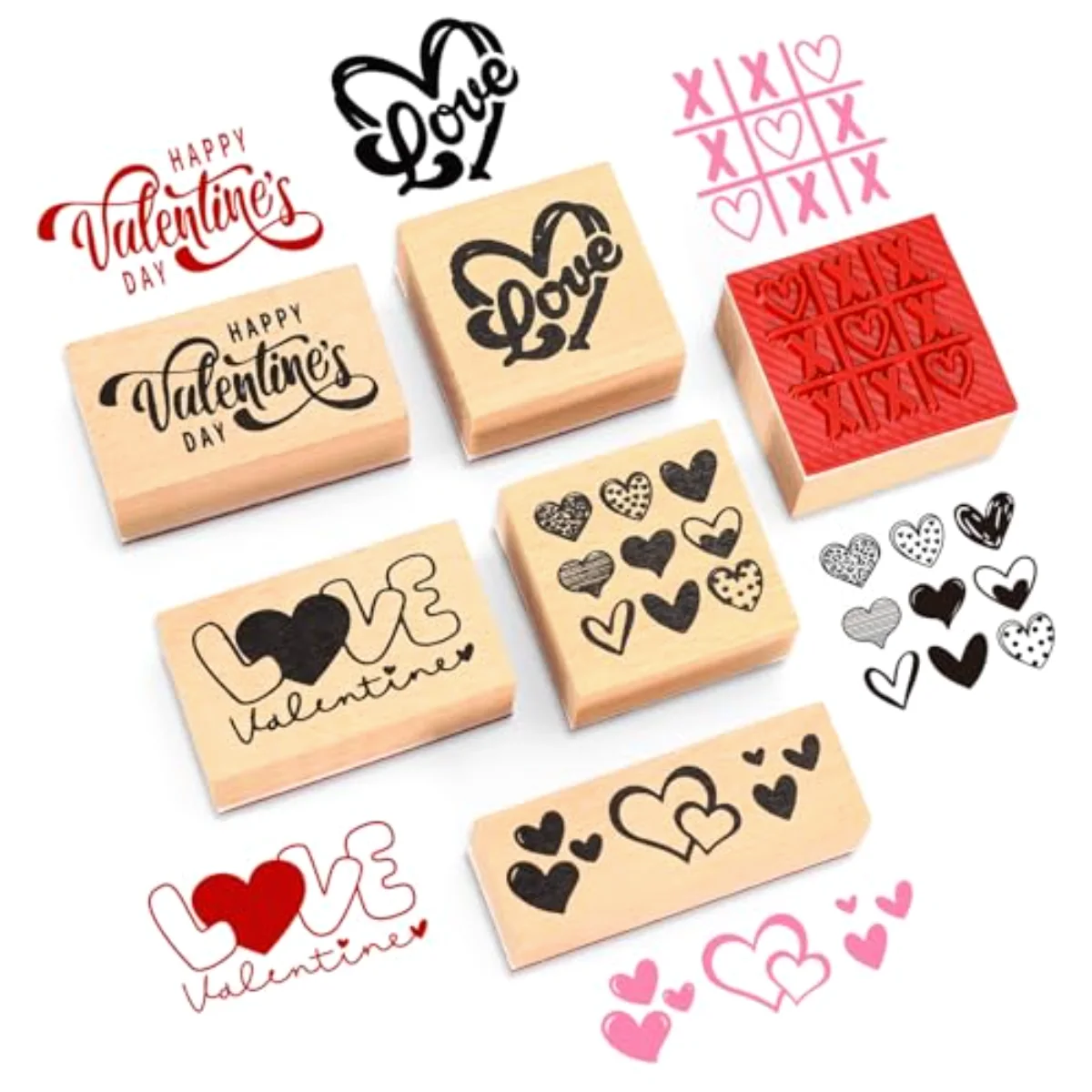 6Pcs Valentine's Day Rubber Stamp Heart Love Wooden Stamps Cute Heart