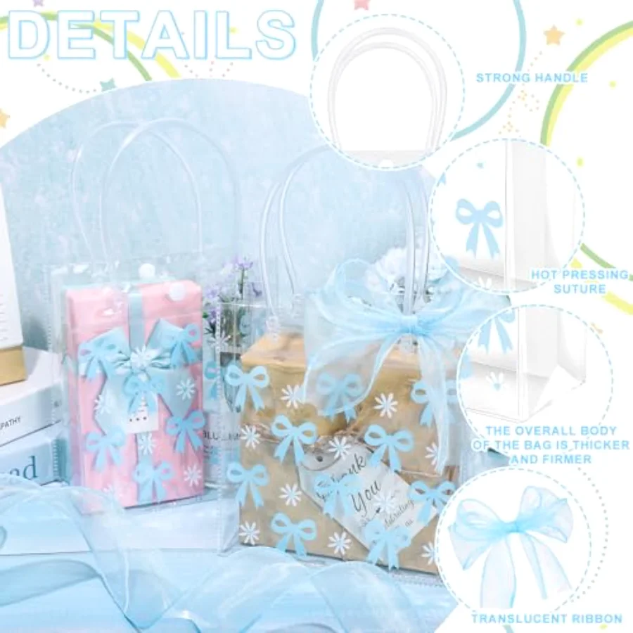 12 Pcs Bow Coquette Clear PVC Gift Bags Blue Bowknot Daisy Flower Party, view 3