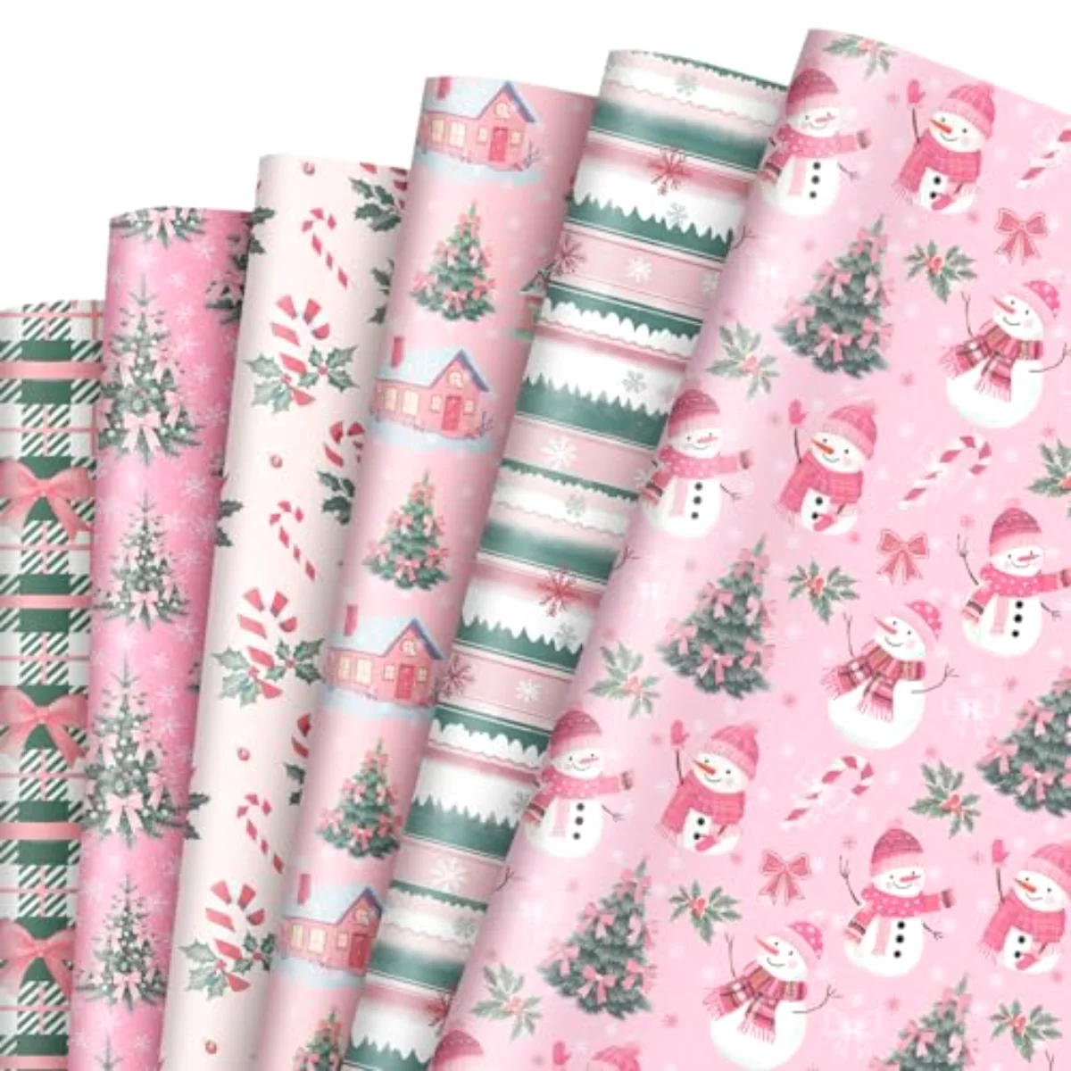 12 Sheets Christmas Tree Wrapping Paper - Not Roll - Pink Snowman Bow Xmas