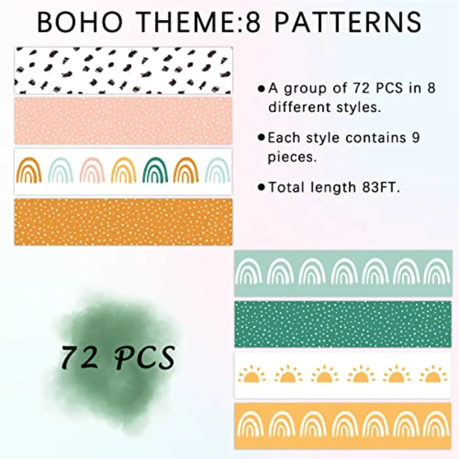 82Ft Boho Bulletin Board Borders 8 Designs 72Pcs Rainbow Themed Decoration, view 3