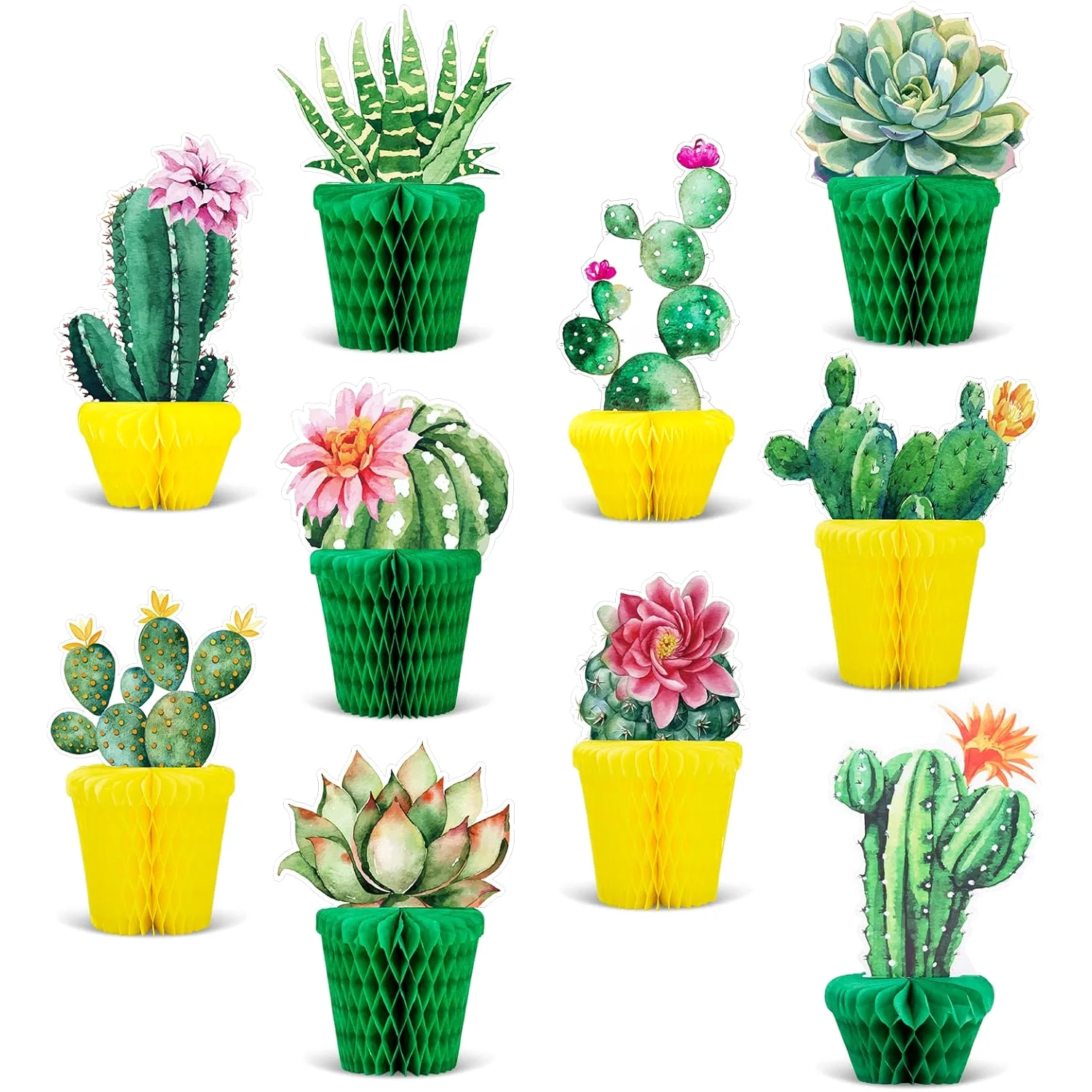 10Pcs Cactus Honeycomb Table Centerpiece Potted Succulent Paper Green