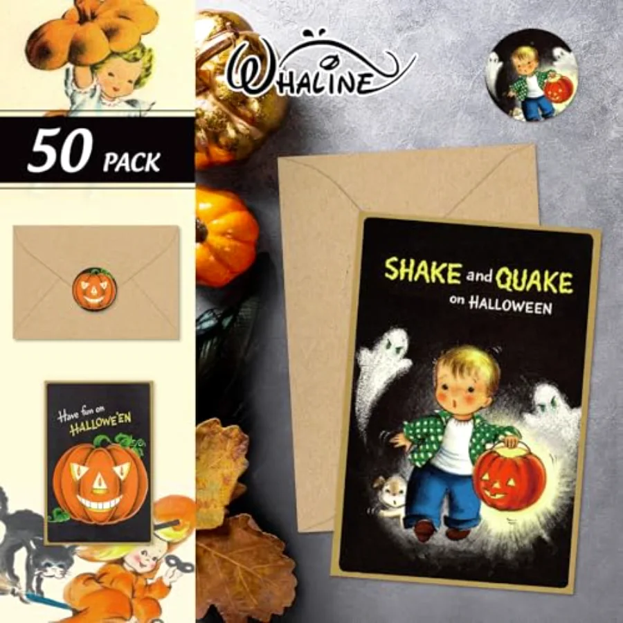 50 Pack Halloween Greeting Cards with Sticker Envelope Vintage Evil, view 3