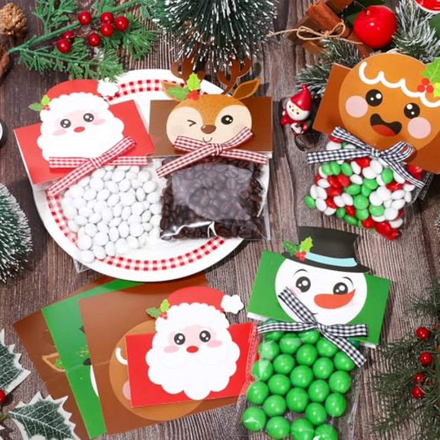 180 Pcs Christmas Self-Adhesive Goody Bag with Topper Bow Snowman Santa, view 4