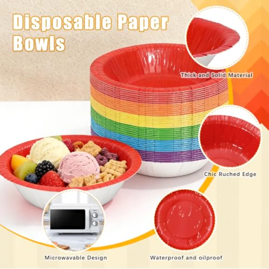 60Pcs Colorful Paper Bowls Disposable Serving Bowl 6 Colors Salad Dessert, view 3