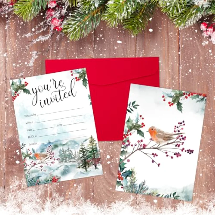 25 Pack Christmas Party Invitation Cards Winter Woodland Robin Invitation, view 4