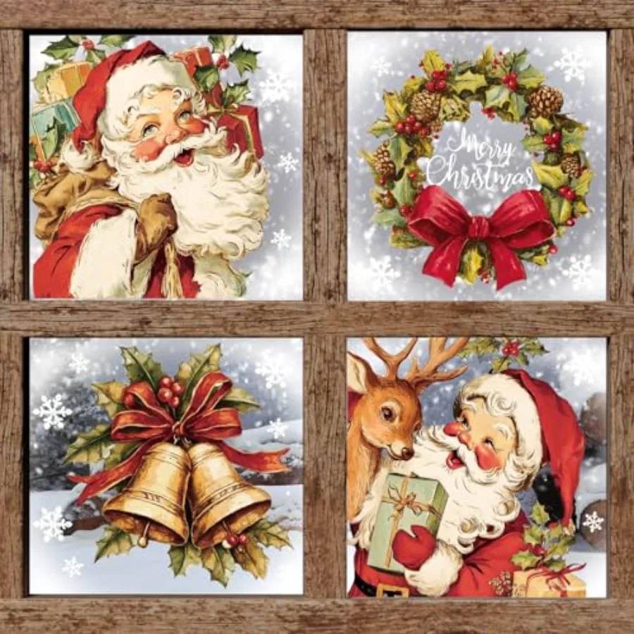4 Sheets Large Christmas Window Clings Santa Reindeer Holly Berry Bell, view 2