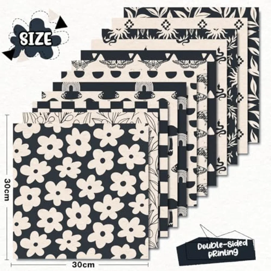 24Pcs Boho Ivory Pattern Paper Black Beige Scrapbook Specialty Paper, view 2