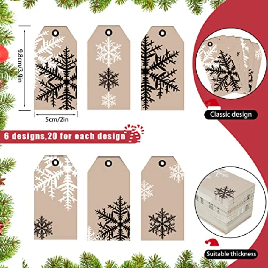 120Pcs Christmas Kraft Paper Tags Black White Snowflake Gift Tags with, view 2