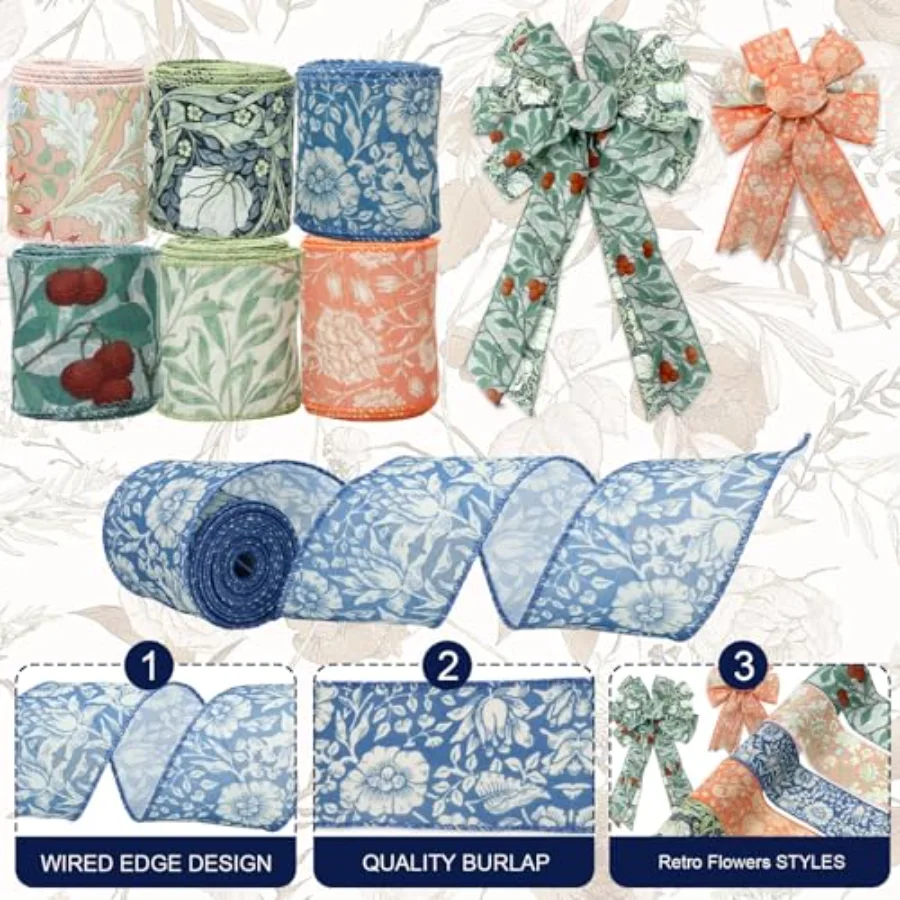 Floral Wired Edge Ribbon 2.5 Inch Vintage Flower Fabric Decorative, view 3