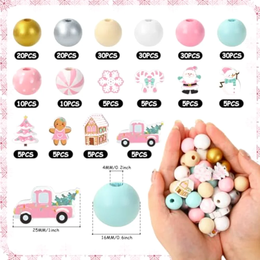 220Pcs Christmas Wooden Beads 16 Styles Pink Xmas Pattern Decorative Wood, view 2