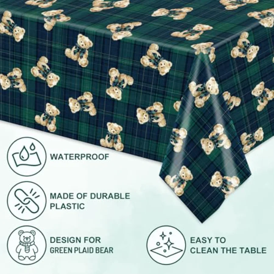 6Pcs Tartan Bear Plastic Tablecloth We Can Bearly Wait Baby Shower, view 3