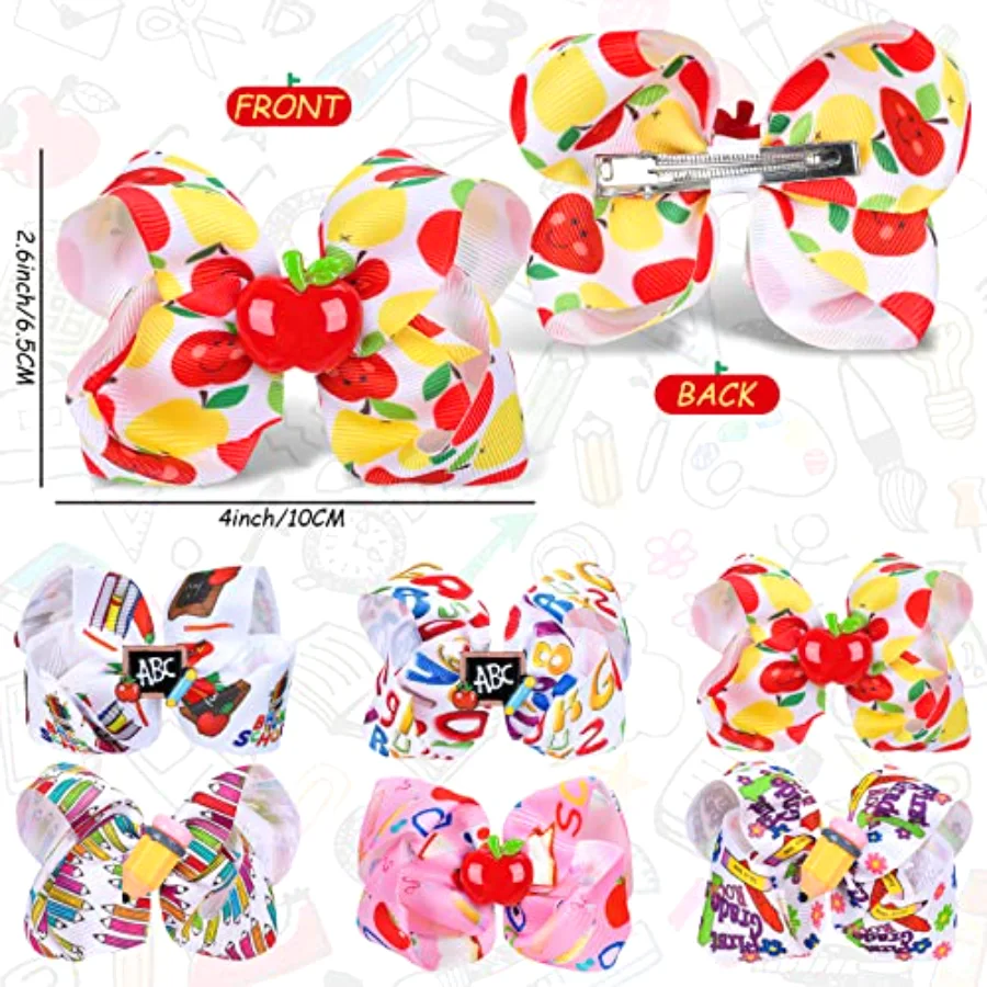 Hair Clip - 6Pcs Back to School Bow Hair Clips in Multi Color, view 2