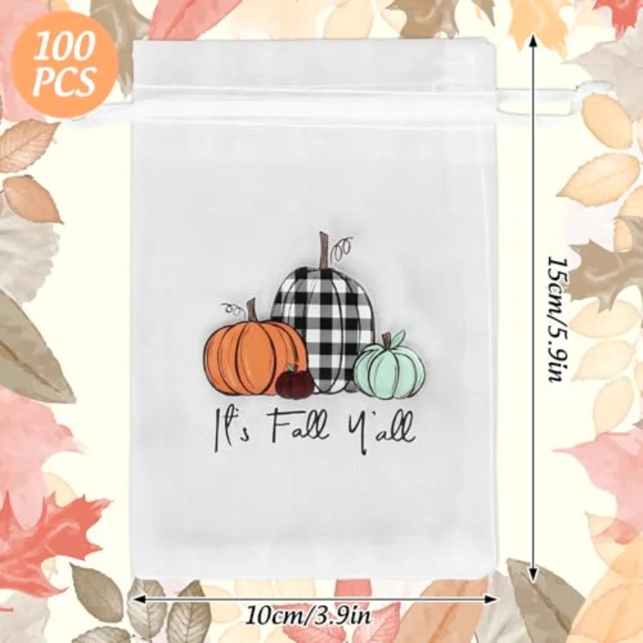 100 Pcs Fall Organza Bags Drawstring Plaid Orange Pumpkin Gift Bags White, view 2