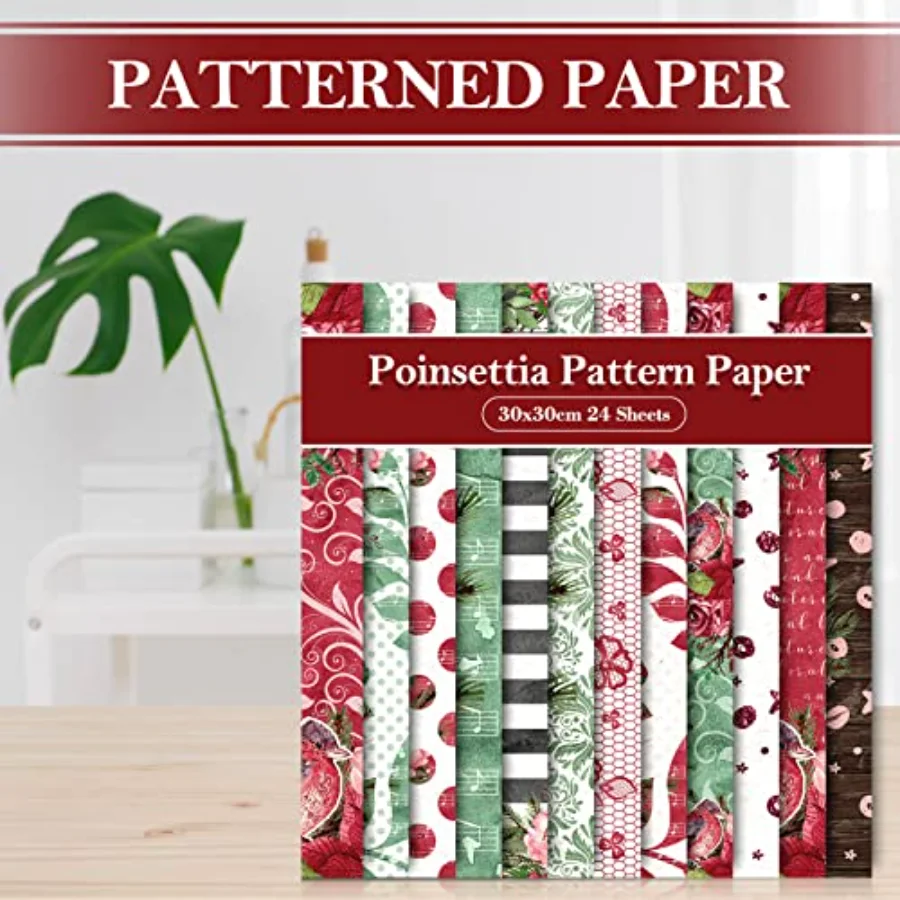 Christmas Scrapbook Paper 12 Designs Watercolor Poinsettia Pattern Paper, view 4