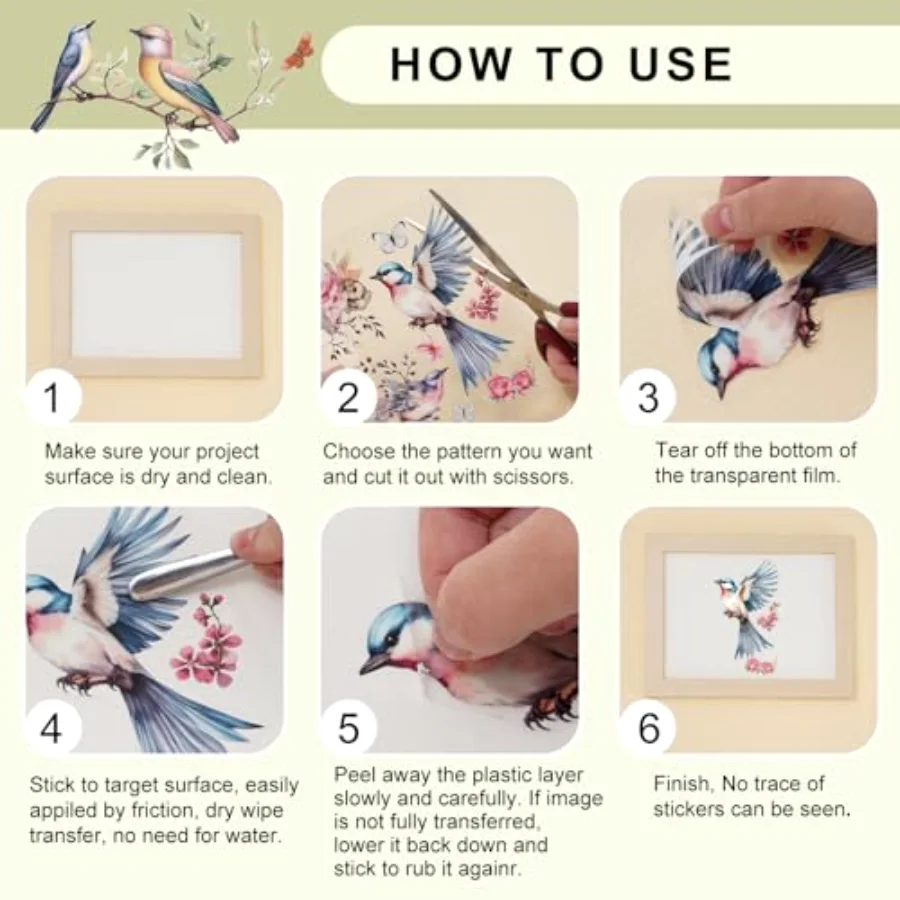 12 Sheets Birds Flowers Rub on Transfers for Crafts and Furniture Classic, view 3