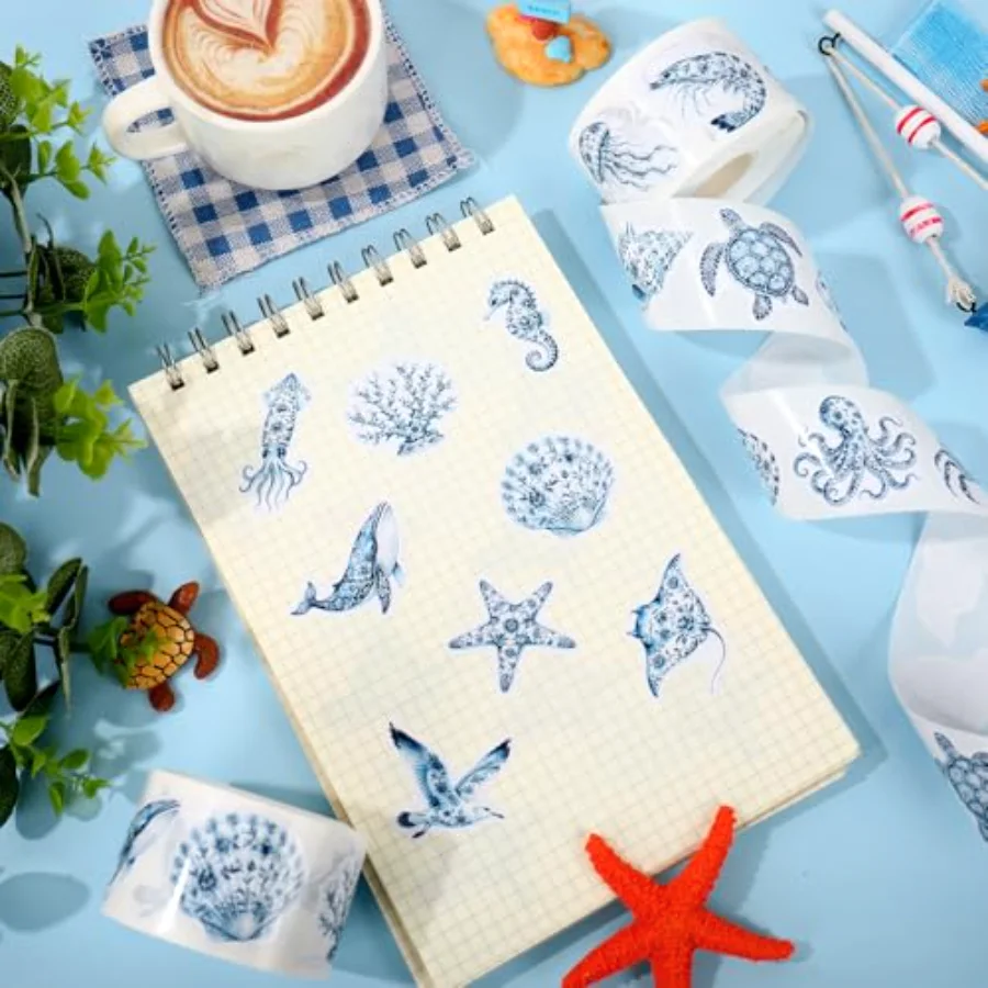 1000Pcs Summer Ocean Animal Sticker Roll Blue Sea Creature Stickers, view 3