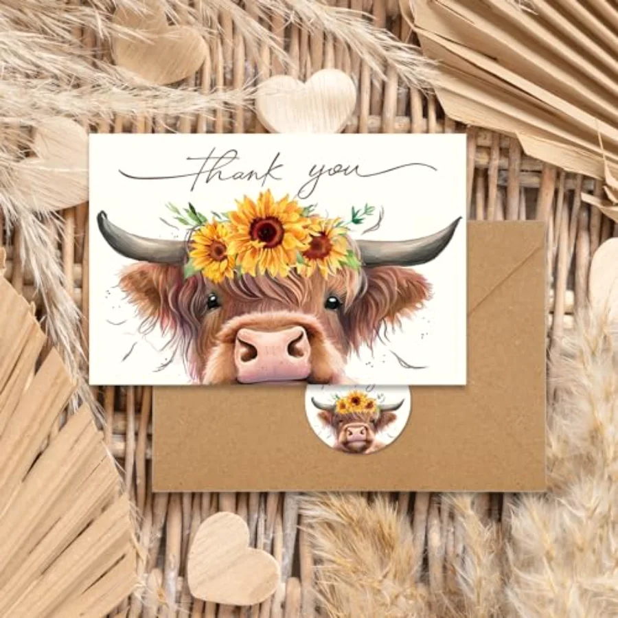 36Pcs Summer Highland Cow Thank You Cards with Envelope Stickers Brown Cow, view 4
