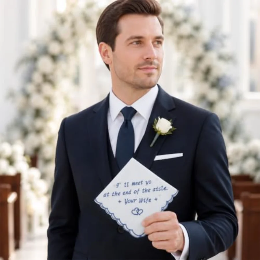 Groom Gift from Bride Wedding Handkerchief Cotton Embroidered Wedding, view 4