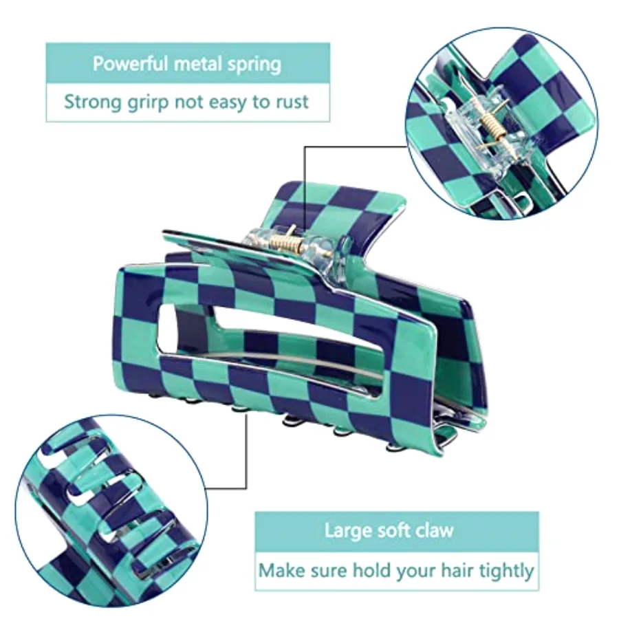 6 Pack Checkered Hair Claw Clips Strong Hold Rectangle Hair Claw, view 3