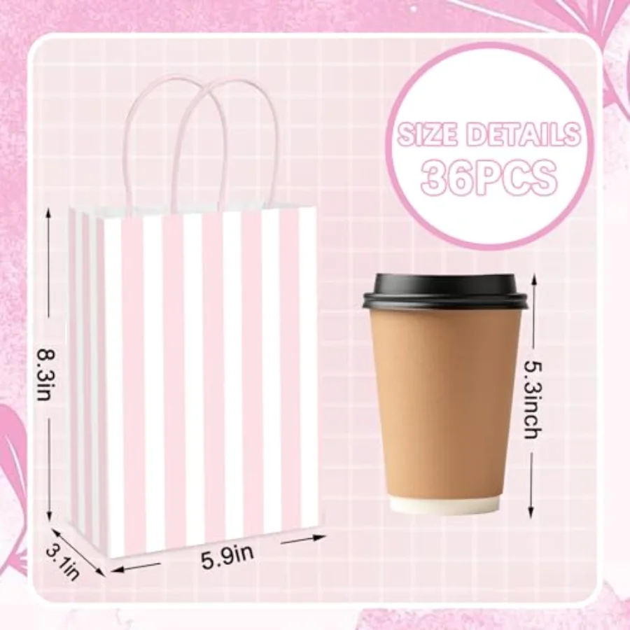 36Pcs Pink Stripe Paper Gift Bag Treat Bags with Handles White Pink, view 2