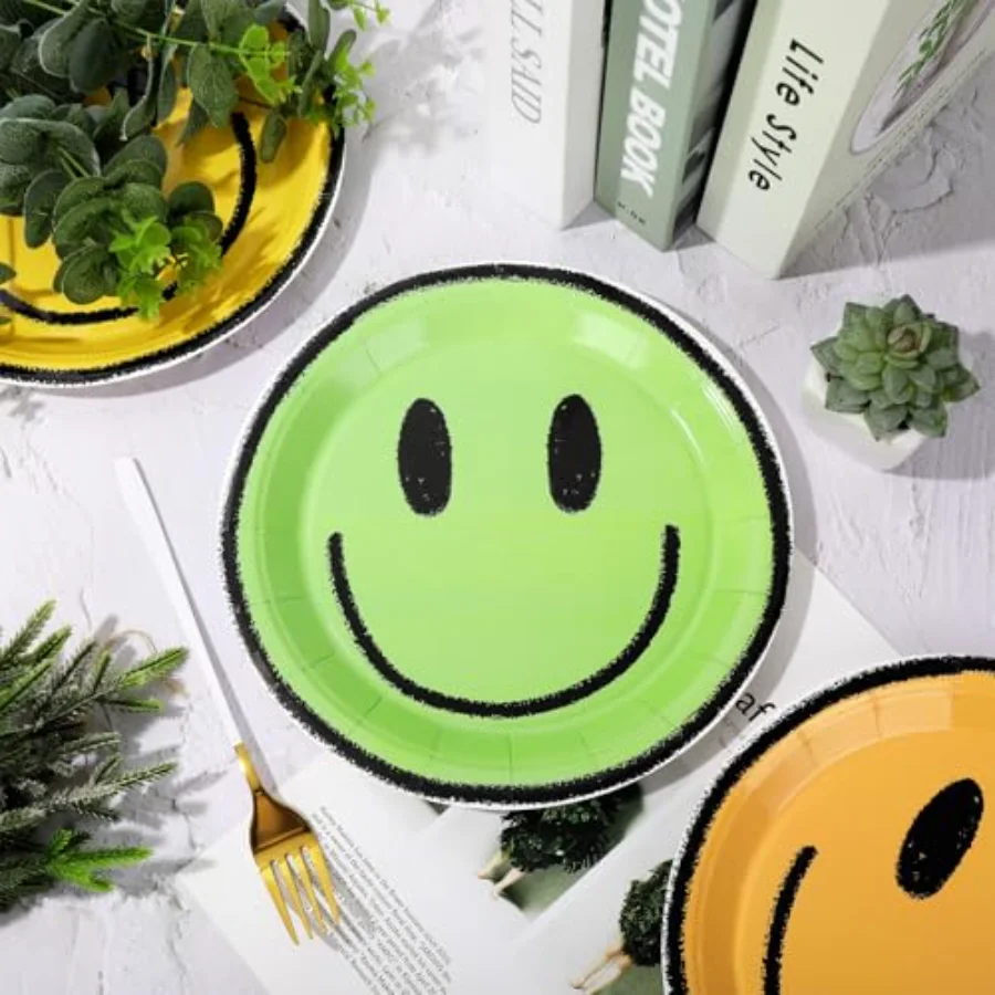 Boho Smile Face Paper Plates Cute Happy Face Disposable Plate 6 Colors, view 4