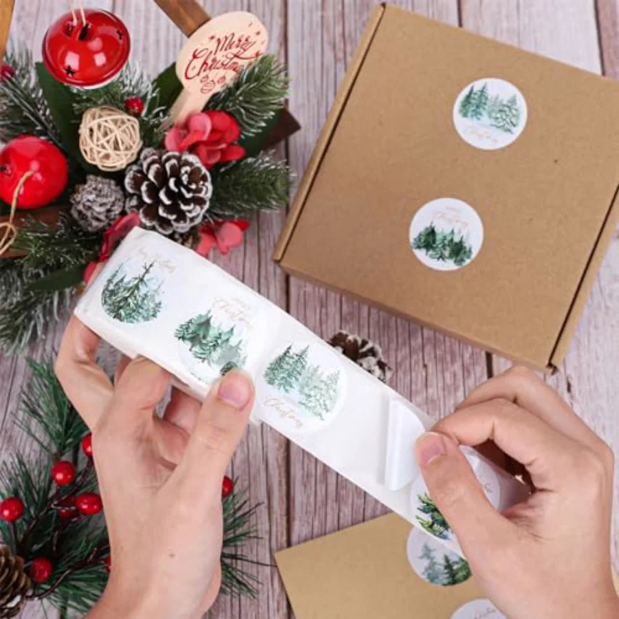 1000Pcs Merry Christmas Stickers Roll Watercolor Forest Decals Green Xmas, view 3
