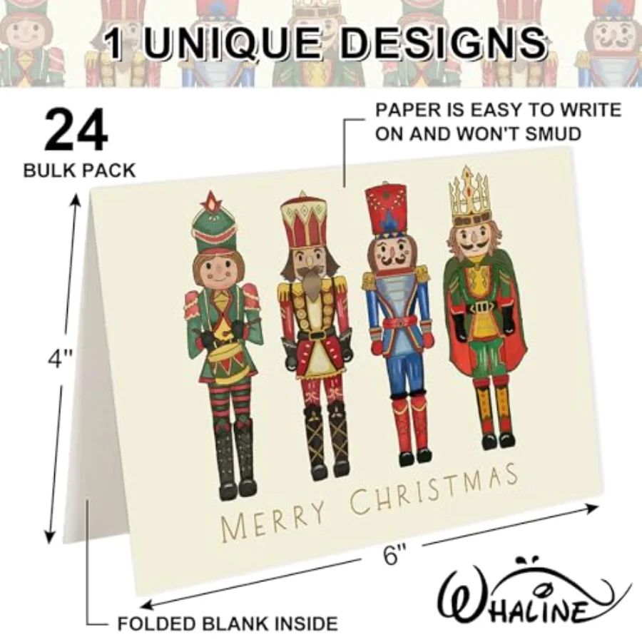 24 Pack Merry Christmas Greeting Cards Cartoon Nutcracker Blank Note Cards, view 2
