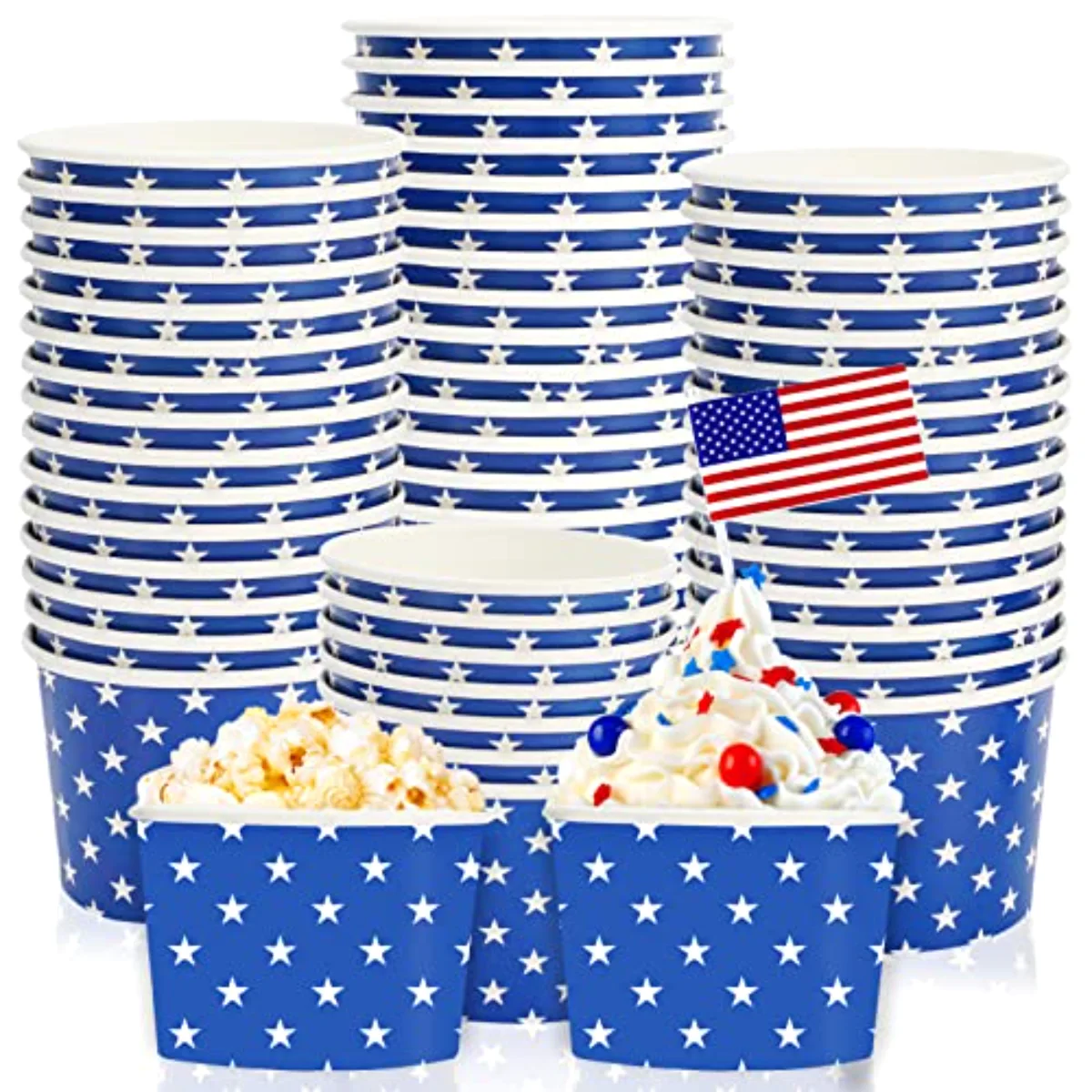 50Pcs Patriotic Treat Snack Cups 6.5 Oz Blue Star Disposable Paper Bowls