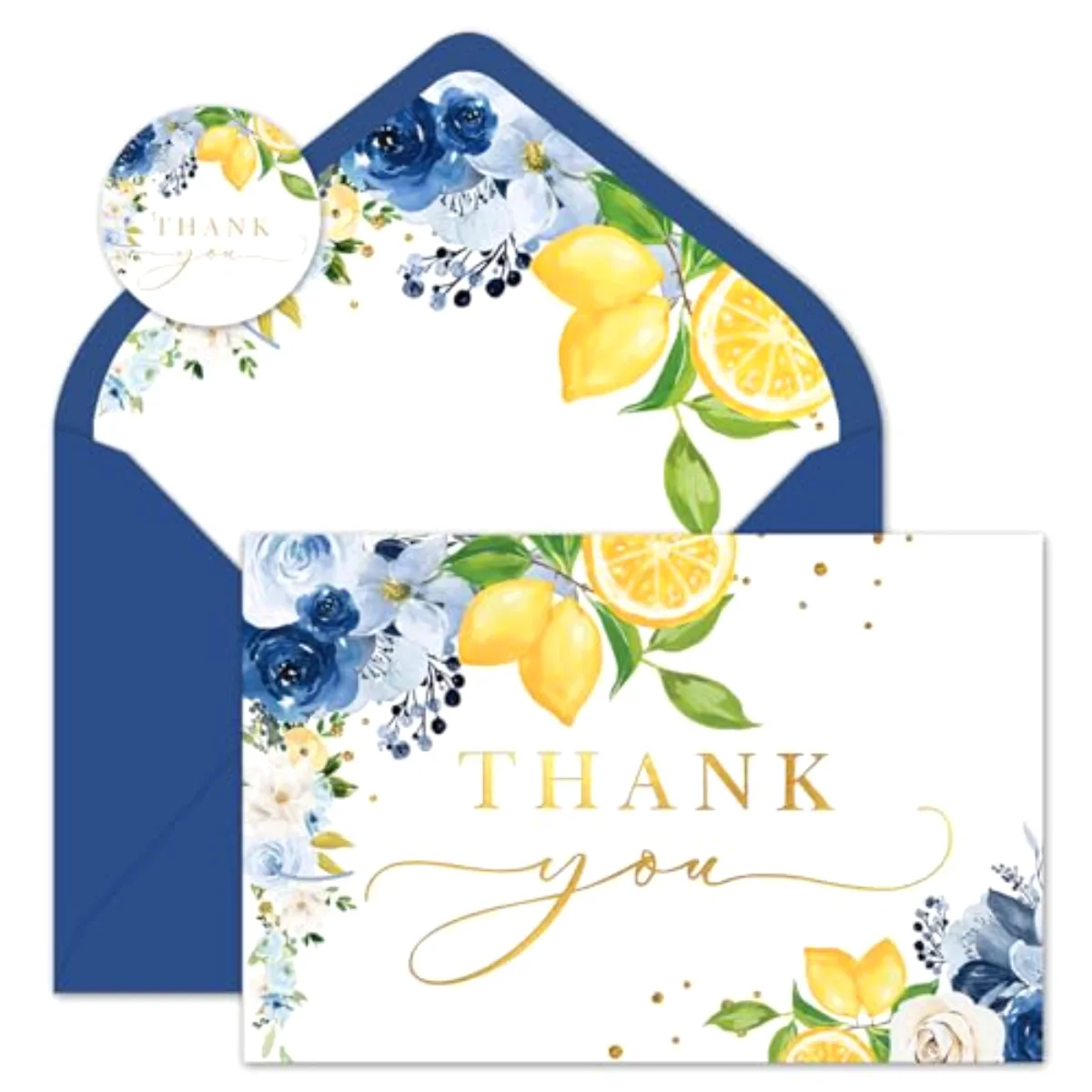 Blue Lemon Floral Thank You Cards Bulk Watercolor Flower Mediterranean