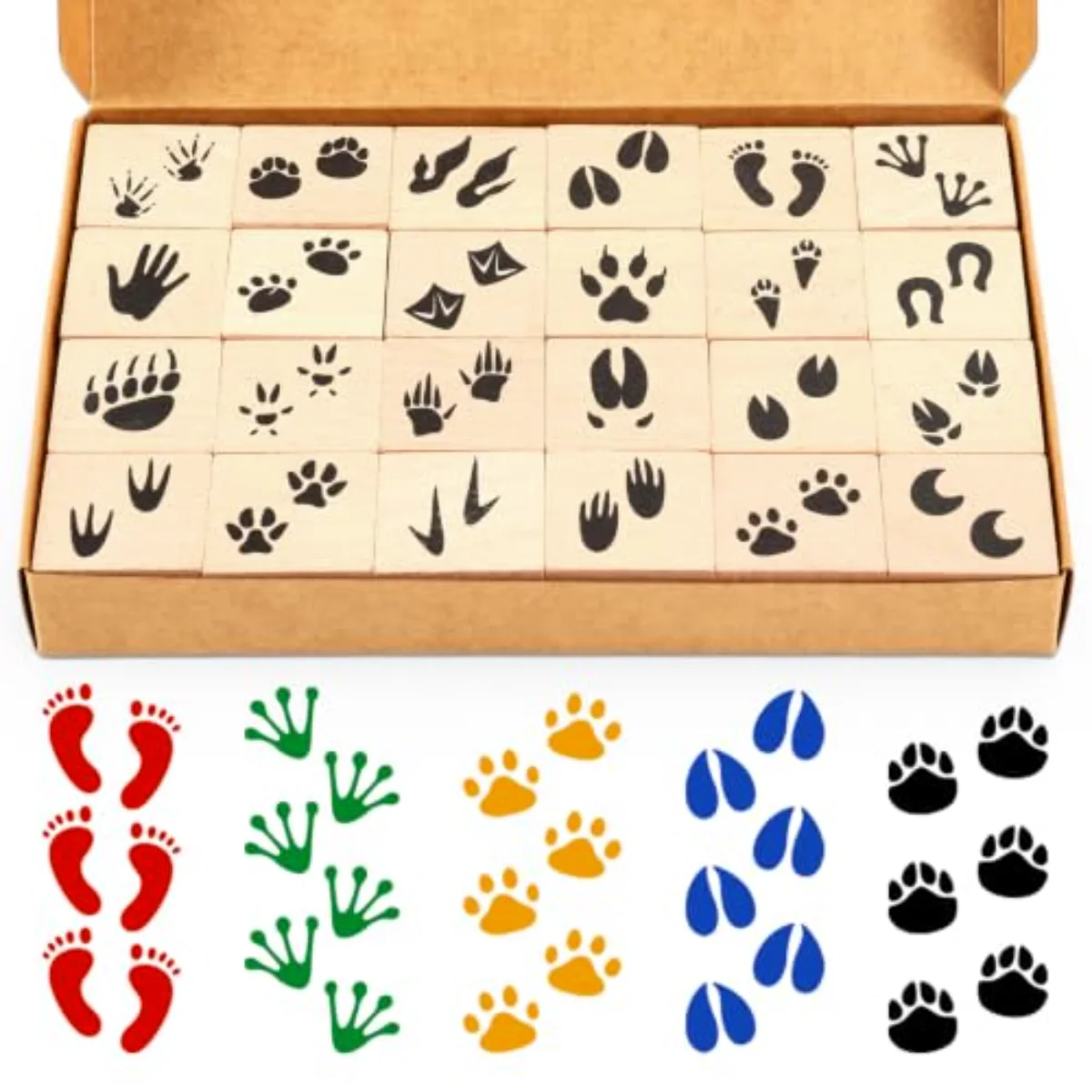 24 Pcs Animal Footprint Wooden Rubber Stamps Cartoon Animal Paw Prints DIY