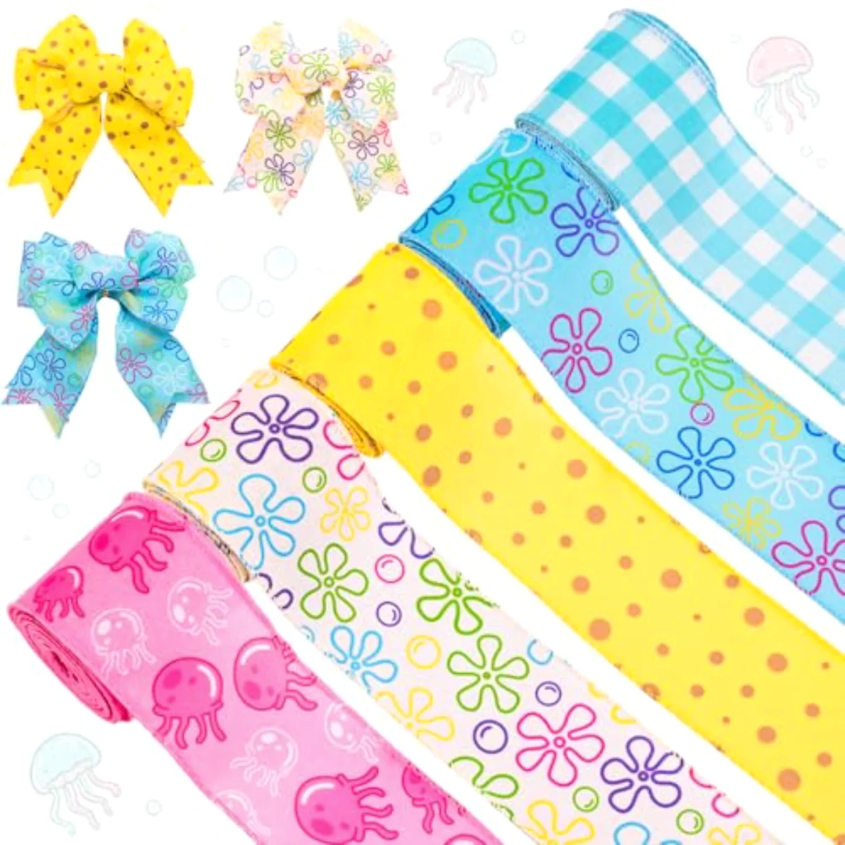 5 Rolls Summer Sponge Bubble Wired Edge Ribbon 2.5 Inch 30 Yards Funny