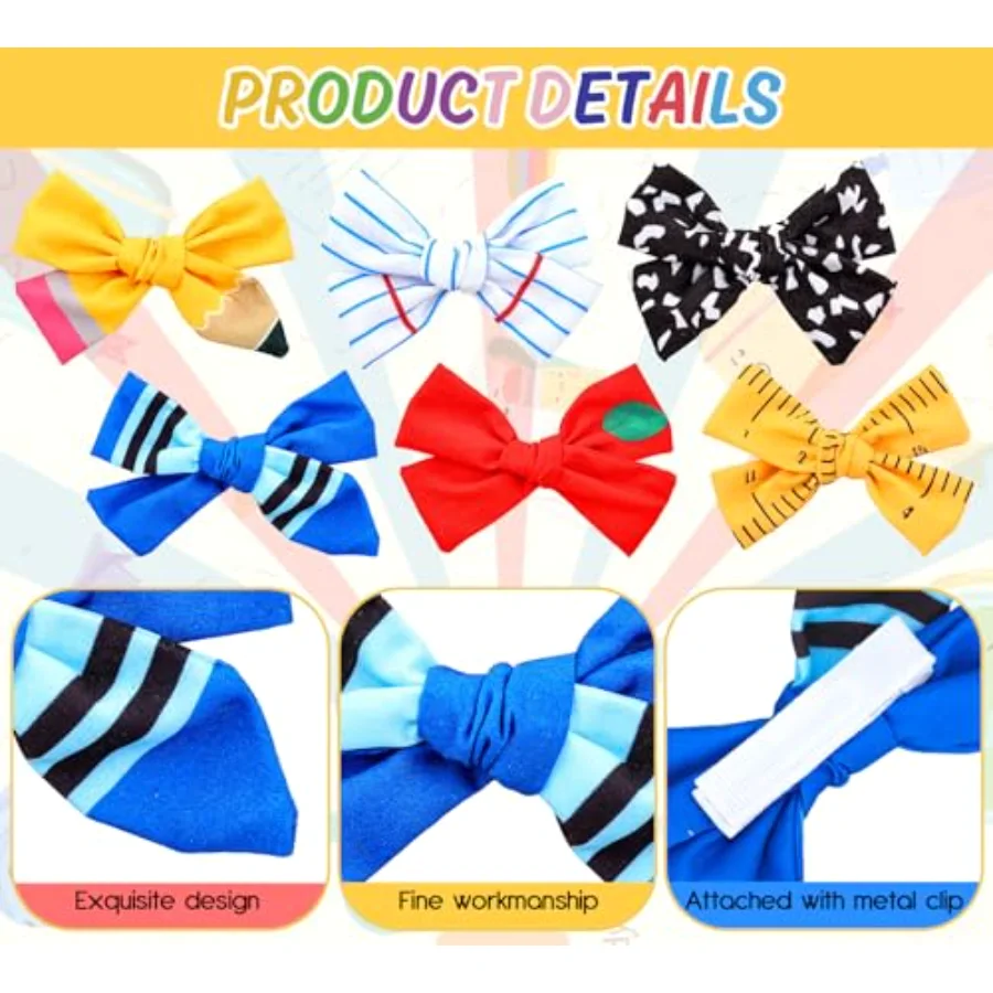 6 Pcs Back to School Hair Bow Clip Hair Barrettes Cute Pencil Crayon Ruler, view 3