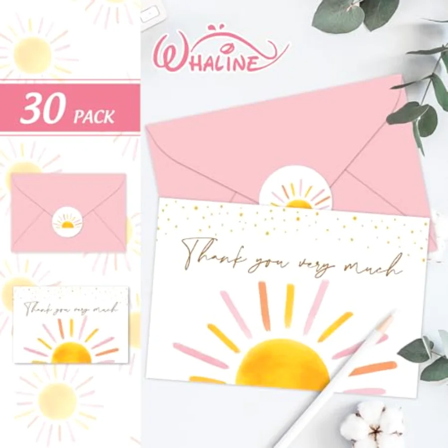 30 Packs Baby Shower Thank You Cards Greeting Card Pink Boho Sun Sunshine, view 3