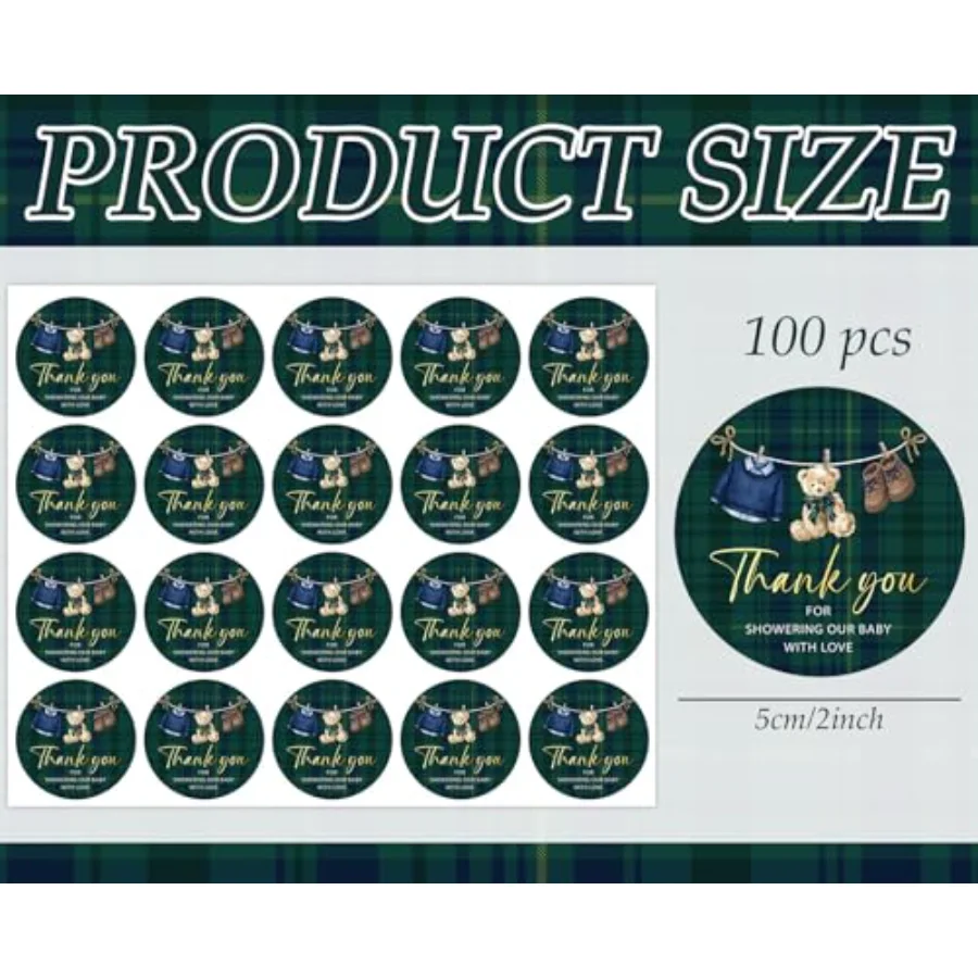 100Pcs Tartan Plaid Bear Baby Shower Thank You Stickers 2 Inch Vintage, view 2