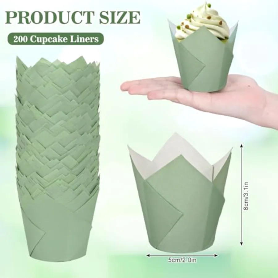 200Pcs Sage Green Tulip Cupcake Liners Green Muffin Baking Liners Tulip, view 2