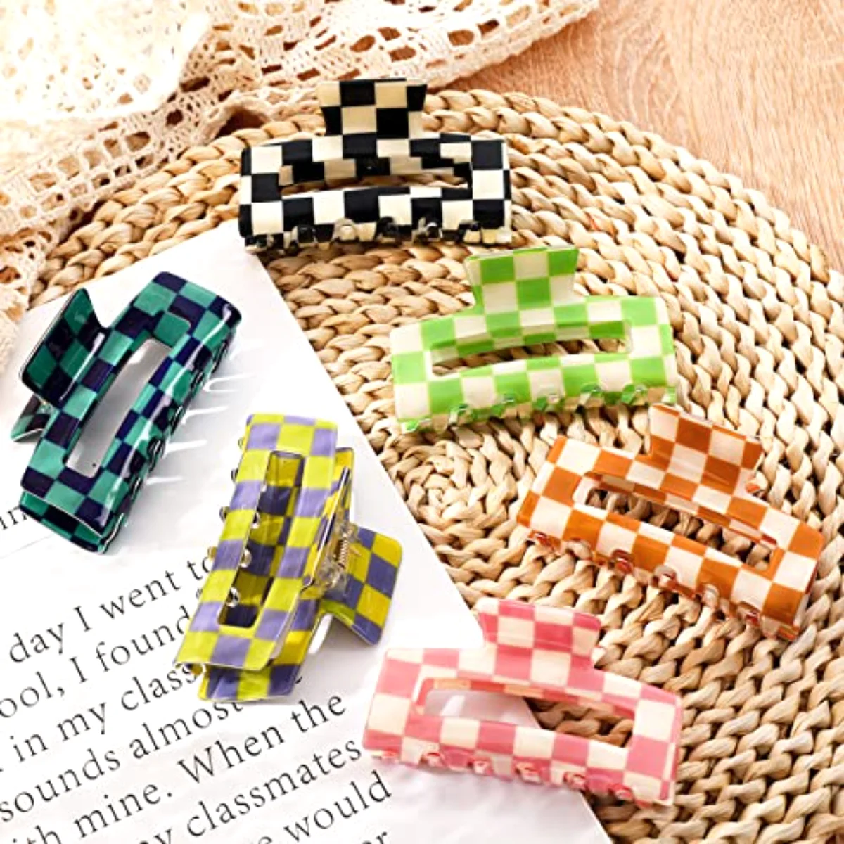 6 Pack Checkered Hair Claw Clips Strong Hold Rectangle Hair Claw